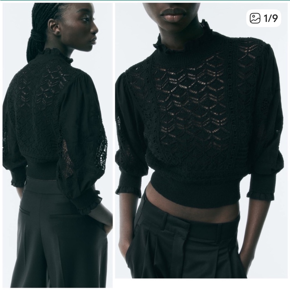 Zara Pointelle knit sweater balloon sleeve, ruffle trim top
